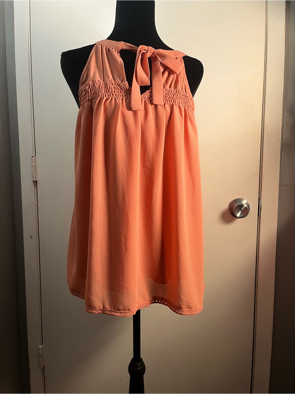 Doe & Rae Peach Tie-Neck Smocked Yoke Camisole